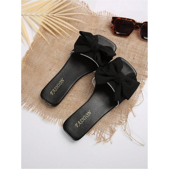 Women's Bow Black Square Toe Flat Summer Sandals Slides Slip On Shoes - Picture 3 of 7